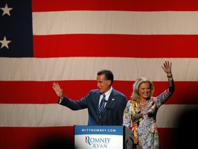 Republican presidential candidate and former Massachusetts Governor Mitt Romney is joined by his wife Ann at a campaign fundraiser in Beverly Hills, California September 22, 2012. (Reuters/BRIAN SNYDER)