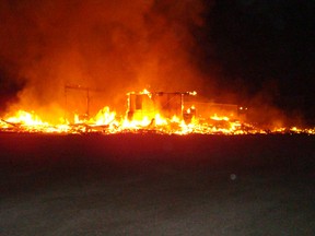 A community centre was destroyed by arson on Sept. 24, 2012. RCMP were called to the J.A.R. Centre in Crane River First Nation, Man., shortly after 11:30 p.m. (Courtesy McCreary RCMP Detachment)