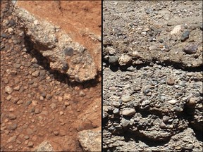 This set of NASA handout images compares the Link outcrop of rocks on Mars (L) with similar rocks seen on Earth (R). The image of Link taken September 2, 2012 and released September 27, 2012, was obtained by NASA's Curiosity rover and shows rounded gravel fragments, or clasts, up to a couple inches (few centimeters), within the rock outcrop. The outcrop characteristics are consistent with a sedimentary conglomerate, or a rock that was formed by the deposition of water and is composed of many smaller rounded rocks cemented together. A typical Earth example of sedimentary conglomerate formed of gravel fragments in a stream is shown on the right.  (Reuters/NASA/JPL-Caltech/MSSS and PSI/Handout)
