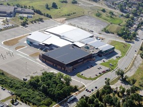 Aerial view of the the Yardmen Arena (dark roof) in Belleville, Ont. in 2012. - FILE PHOTO BY JEROME LESSARD/THE INTELLIGENCER/QMI AGENCY