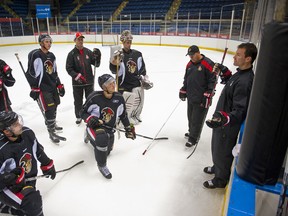 September 29, 2012. Binghamton, New York.
Head Coach Luke Richardson conducts practice during the Senators Training Camp held in Binghamton, NY.
Photo by Chuck Haupt