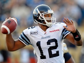 Argonauts quarterback Jarious Jackson makes a pass against the Blue Bombers at Canad Inns Stadium in Winnipeg, Man., Sept. 29, 2012. (FRED GREENSLADE/Reuters)
