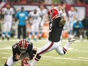 Falcons kicker Matt Bryant, kicks the game-winning field goal against the Panthers at the Georgia Dome in Atlanta, Ga., Sept. 30, 2012. (TAMI CHAPPELL/Reuters)