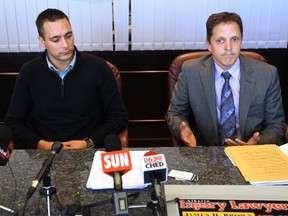(left to right) Plaintiff Matthew Harrison and his lawyer Richard Mallett speak to the media during a press conference after filing a class action lawsuit against XL Foods Inc. following an outbreak of E. coli at the company's Brooks, Alta. facility, Tuesday October 2, 2012.  DAVID BLOOM EDMONTON SUN  QMI AGENCY