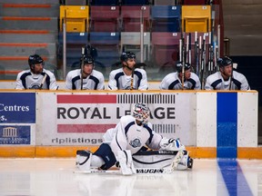 Goaltender Mark Dekanich stretches during a St. John's Ice Caps scrimmage practice in Corner Brook, Nfld. on Wednesday Oct. 3, 2012. Paul Tizzard/QMI Agency