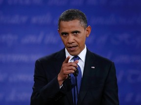 President Barack Obama speaks during the first presidential debate with Republican presidential nominee Mitt Romney (not pictured) in Denver on October 3, 2012. (REUTERS/Jim Bourg)