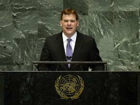 Canada’s Minister of Foreign Affairs John Baird addresses the 67th session of the United Nations General Assembly at the UN in New York on October 1. 
TIMOTHY A. CLARY/AFP