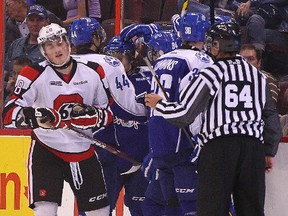Connor Brown from the 67's looks dejecteed after Sudbury scores during first-period action Saturday at Scotiabank Place. (Tony Caldwell/Ottawa Sun)