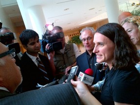 Local Olympian Tara Whitten spoke in support of an indoor velodrome for
Edmonton on Tuesday at city hall. ANGELIQUE RODRIGUES/ EDMONTON SUN/ QMI AGENCY