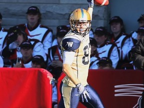 Rory Kohlert celebrates his first professional touchdown Monday in Montreal