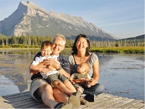 Family photo of the Calgary woman killed after a flying rock smashes through the windshield of her vehicle, while on a family vacation in British Columbia. Janice Cairns, her husband, Nigel, with their two son’s Liam, and Ryan. Family Handout