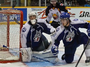 Subury Wolves goaltender Joel Vienneau, shown in this file photo from a game earlier this year, was on his game against the Barrie Colts on New Year's Eve.
ZACH MACPHERSON PHOTO