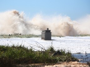 Huge waves surge at Saint's Rest Beach at high tide in west Saint John, Aug. 29, 2011, after Hurricane Irene ripped through New Brunswick. (KATE BRAYDON/QMI Agency)