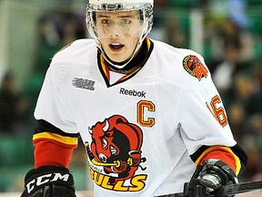 Belleville Bulls captain, Brendan Gaunce, is questionable for Thursday night's game in the Soo with an upper body injury, says GM-coach George Burnett (Aaron Bell for OHL Images.)
