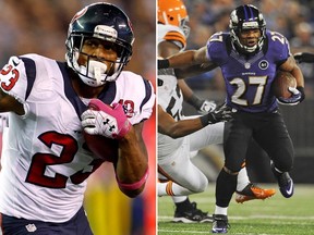 Arian Foster's (left) Houston Texans play host to Ray Rice's (right) Baltimore Ravens in a matchup of the only AFC teams with winning records. (Reuters/Files)