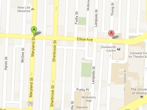 Suspects of a robbery in the 500-block of Ellice (red) were located near Maryland (green). (Google Maps)