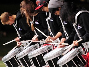 The Jasper Place Rebels drum team plays during half time of the Edmonton Public high school Tier I football game between the Rebels and the Harry Ainlay Titans at Johnny Bright Park in Edmonton, Alberta on Thursday, October 18, 2012. The Titans and the Rebels played to a wild 30-30 tie. TREVOR ROBB EDMONTON EXAMINER