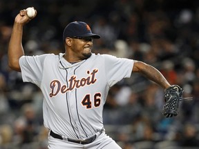 Detroit Tigers relief pitcher Jose Valverde, of the Dominican, throws to the New York Yankees during the ninth of Game 1 of their MLB ALCS playoff baseball series in New York, October 13, 2012. (REUTERS)
