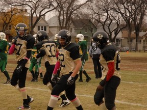 Valour Patriots bantam players Colton Pashe (67), Justin James (33). Keenan Cooke (62), and Lahai Mara (86) during last weekend's semifinal win over the Nomads. The Patriots play the St. Vital Mustangs in the bantam championship game Sunday. (Photo courtesy of Gabriela Aguero)