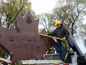 TRENTON, ON (10/27/2012) Two granite maple leaves, the main pieces of the Afghanistan Repatriation Memorial, arrive at Bain Park in Trenton, ON., on Saturday, Oct. 27, 2012. The memorial was installed and covered Saturday and will be officially unveiled on Nov. 10, 2012. The memorial is a tribute to the Canadian soldiers who lost their lives during the Afghanistan conflict. The park is located just down the road from 8 Wing/CFB Trenton, where the soldiers were repatriated. 
EMILY MOUNTNEY/TRENTONIAN/QMI AGENCY
