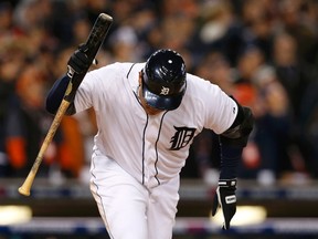 Detroit Tigers' Miguel Cabrera reacts after striking out with the bases loaded against the San Francisco Giants to end the fifth inning during Game 3 on Saturday night. (Mark Blinch/Reuters)
