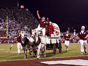 Sooner Schooner of the Oklahoma Sooners celebrates after a touchdown against the Notre Dame Fighting Irish at Gaylord Family Oklahoma Memorial Stadium on Saturday in Norman, Oklahoma. The Fighting Irish defeated the Sooners 30-13.
Wesley Hitt/Getty Images/AFP