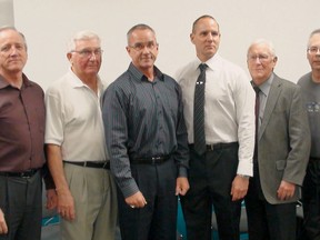 Manitoba Baseball Hall of Fame inductees (from left) Brian Hodgson, Jack Callum, Glen Hunter, Mike Foster, Bev Fosher and Terry Kirlin. (JIM BENDER/Winnipeg Sun)