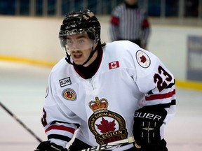 Jeff Bauer, shown with the Sarnia Legionnaires earlier this season, was the hero for the London Nationals in Game 6 of the Sutherland Cup final Saturday night in Cambridge.
QMI Agency file photo