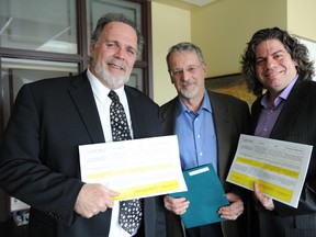 Alain Pineau (c), National Director of the Canadian Conference of the Artsis seen here with Raymond Legault (l), president of the Union des artistes, and Sylvain Masse (r), president of the Quebec Association of Theatre Critics in this file photo. (SIRA CHAYER/QMI Agency)