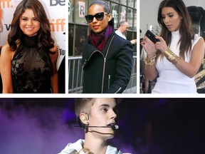 Selena Gomez, Alicia Keys, Kim Kardashian and Justin Bieber. (Simon Reeves/WENN.COM; WENN.COM; Kadena Press/WENN.COM; QMI Agency/JASON HALSTEAD