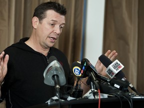 Former NHL hockey player Theo Fleury address the media at this press conference with his complete and unedited Victim Impact Statement in Vancouver, British Columbia in February 2012. Photo By CARMINE MARINELLI/QMI AGENCY