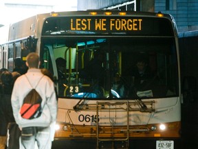 A Mississauga transit bus at Islington station Thursday, Nov. 8, 2012, displays a Remembrance Day message. (ERNEST DOROSZUK/Toronto Sun)