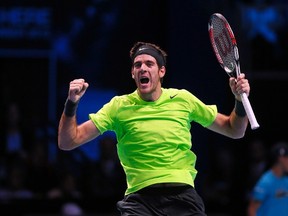 Argentina's Juan Martin Del Potro celebrates winning his men's singles tennis match against Switzerland's Roger Federer at the ATP World Tour Finals at the O2 Arena in London November 10, 2012. REUTERS/Stefan Wermuth