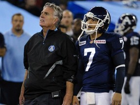 Toronto Argonauts general manager Jim Barker and kicker Noel Prefontaine watch a video replay during the second half of a game against the Winnipeg Blue Bombers.
Mike Cassese/Reuters