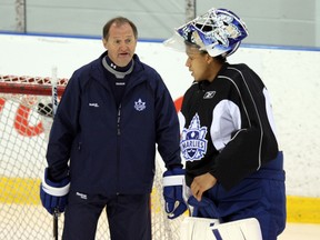 Leafs goalie coach Rick St. Croix (left) was able to see Ben Scrivens, Jussi Rynnas and Mark Owuya (pictured) perform over three consecutive nights — all Marlies wins. (TORONTO SUN/FILES)