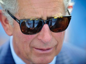 An emergency services member is reflected in the sunglasses of Britain's Prince Charles during a reception at Bondi Icebergs swimming club in Sydney November 9, 2012. REUTERS/Lukas Coch/Pool