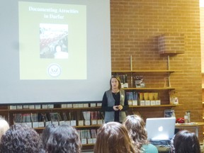 Debbie Bodkin of Kincardine visited F.E. Madill Secondary School in Wingham on Nov. 13, 2012, as a guest speaker. Bodkin told staff and students about her experiences in Darfur as pat of the Coalition for International Justice.. (SUBMITTED)