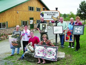 Artists (l-r) Bruce Sherman, painter; Sue Hale-Ladoucer, fabric artist; John Sorensen, painter; John Shea, painter; Betty Matthews, painter; Barb Simard, fabric artist; and front row left to right: Terry Schaub, sculptor and Linda Potter, fabric artist, are looking forward to the upcoming show at Eagle Point Winery on Saturday and Sunday, Nov. 17-18.