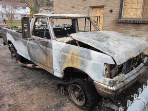 Fire destroyed this 1989 Ford diesel pickup truck Tuesday night on Oakwood Avenue in Simcoe. (MONTE SONNENBERG Simcoe Reformer)