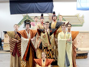 Amanda Smith Gananoque Reporter
The men of the court in The Mikado show off the original costumes from Stratford's perfomance of The Mikado from 1982 on Tuesday morning. The music theatre performance students from St. Lawrence College get to wear the costumes for their production.