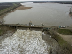 Flood waters from the Assiniboine River near Portage la Prairie enter the Portage diversion. May 11, 2011.