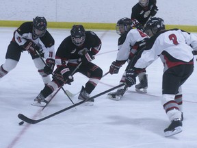 Airdrie Xtreme first year forward Gary Haden, far left, has proven that he’s deft defensively this season, playing a regular role on the AAA bantam hockey team’s penalty killing unit.