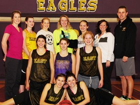 East Elgin defeated Huron Park 46-33 to win the TVRA South East senior basketball championship. Memebers of the team, from left, are: front - Katharine Barrie, Emily Febrey; middle - Karli Milmine, Liz Rollo, Kira Cornelissen; back - coach Megan Mattingley, Danielle Vansevenant, Carly McCann, Victoria Grunsell, Jen Wiebe, coach Marie Fitzgerald, coach Chris Wismer. Absent is Michaela Vansevenant.   (R. MARK BUTTERWICK   Times-Journal)