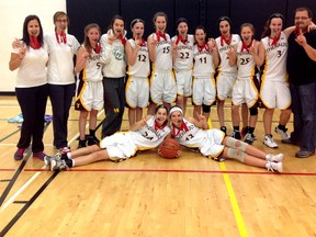 The École secondaire catholique Thériault Flammes captured the NEOAA junior girls basketball championship in New Liskeard on Tuesday. The No. 1-ranked Flammes defeated the TDSS Saints 48-8 in the championship game after defeating the O’Gorma Knights in the semifinals. Members of the championship team are, front row, from left: Captains Krysta Beaudry and Katrina Genereux. Back row, from left: Assistant coach Ariel Gillies, assistant coach Sophie Bergeron, Kim Caron, Brittney Whissel, Cassandra Desrosiers, Sophie Chasse, Melanie Marin, Bianca Robichaud, Tiffany Sabourin, Melissa Lacasse, Melissa Poliquin and head coach Laurent Gilbert.