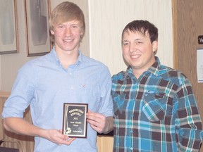 The Peace River Prospectors held their year end awards at the Royal Canadian Legion in Peace River on  Nov. 8. Left , Kelton Bailey (left) receives the team’s Most Valuable Player award from head coach Josh Scott.