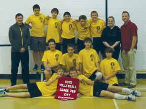 The Yellowquill Rajahs boys' volleyball team celebrates its city championship after defeating host Oakville 2-1 on Wednesday.
Back row: Brett Calder (coach), Shawn McMillian, Justin Stangl, Seth Bryson, Connor Green, Layne Coltart, Megan Sloik (coach), Matt Harkness (coach).
Middle row: Andrew Suggett, Clayton Gyselinck, Jarett Burke, Austin Roy
Front row: Tyler Martens, Daylen Green. (Amanda Green/Submitted photo)