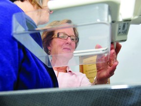 Doris Duval, a medical radiation technologist, shows how the digital mammogram machine works within the Ontario Breast Screening Program at Brockville General Hospital. The Ministry of Health and Cancer Care Ontario say a third of the women who should be getting screened for breast cancer are not (MEGAN BURKE THE RECORDER AND TIMES).