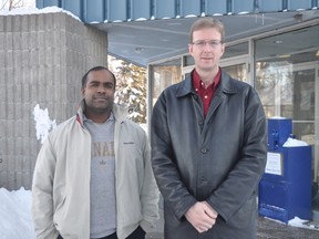 Federal Liberal Leadership hopeful Jonathan Mousley, right, stands with Karthik Suriyacumaran, event co-ordinator, during a stop in Portage la Prairie as he looks to gather concerns from Manitobans.  Mousley is on a tour of Southern Manitoba.(Jordan Maxwell/Portage Daily Graphic/QMI Agency)