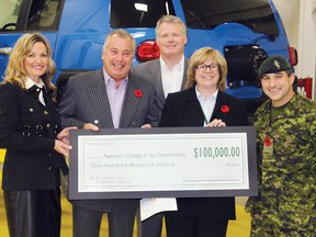 SEAN CHASE   Brenda and Jimmy Lapointe, owners of the Lapointe Auto Group, present a donation of $100,000 to the Algonquin College Capital Campaign. Accepting the cheque is Murray Kyte, chairman of outdoor training and business technology programs, Karen Davies, dean of Algonquin College in the Ottawa Valley, and Base Petawawa commander Lt.-Col. Chris Moyle, a member of the capital campaign committee.