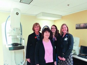 From left, Julia Niblett, the regional director for South East Regional Cancer Program  Wenda Lalande, technical specialist of diagnostic imaging, Erin Brown, mammographer, and Lori Van Manen, also with the South East Regional Cancer Program, stand with the digital mammography unit in LACGH’s new Ontario Breast Screening Program Clinic. The clinic was officially opened last Thursday.     Megan Balough, Napanee Guide
